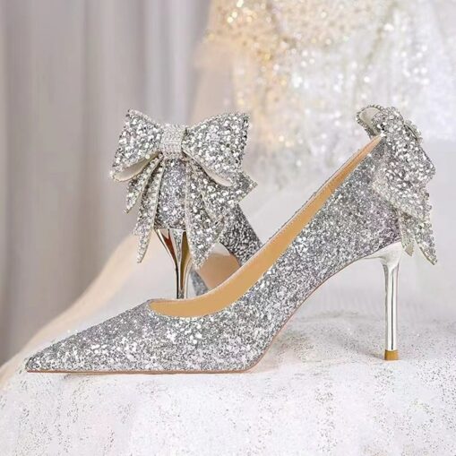Wedding Shoes for Bride Bridesmaid Women Closed Toe Pointed Toe Silver PU Pumps With Glitter Bowknot Stiletto High Heel Wedding Party Valentine's Day