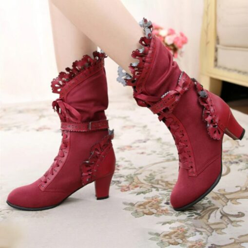 Women's Victorian Gothic Lace-Up Ankle Boots with Bow and Ruffle Trim – Gatsby-Inspired Elegant Boots for Cosplay, Costume Parties, and Vintage Fashio - Image 4