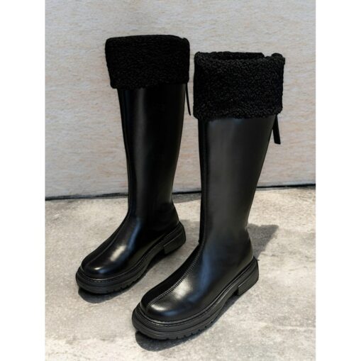 Women's Extra Wide Calf Brown Knee-High Boots with Faux Fur Cuff – Cozy Winter Footwear with Rugged Sole for Outdoor Comfort 2025 - Image 2