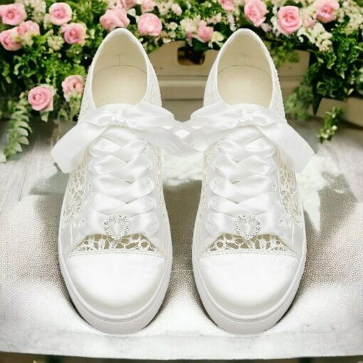 Champagne Satin Bridal Sneakers with Lace Details and Rhinestone Heart Charm - Comfortable Wedding Shoes for Women 2025 - Image 5