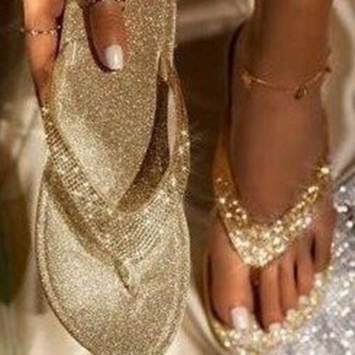 Women's Silver Glitter Flip Flop Sandals with Rhinestone Embellishments - Sparkly Summer Beachwear for Parties and Special Occasions 2025 - Image 2