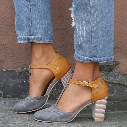 Women's Blue and Yellow Two-Tone T-Strap Heeled Shoes for Vintage and Casual Wear 2025 - Image 3