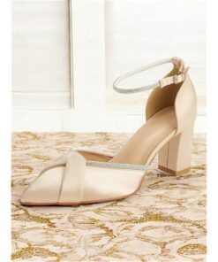 Champagne Satin Block Heel Ankle Strap Shoes with Rhinestone Detailing – Elegant Women's Wedding and Evening Heels 2025