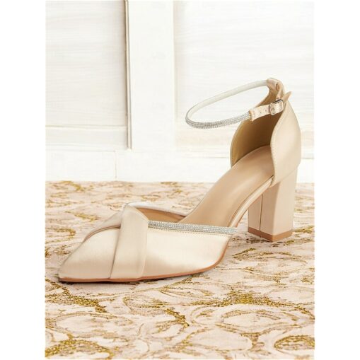 Champagne Satin Block Heel Ankle Strap Shoes with Rhinestone Detailing – Elegant Women's Wedding and Evening Heels 2025
