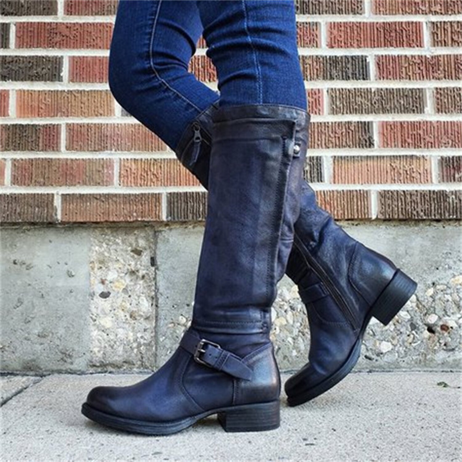 Women's Black Faux Leather Knee-High Boots with Buckle Strap and Low Block Heel - Stylish and Comfortable Fall and Winter Footwear 2025