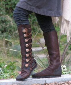 Women's Brown Medieval Lace-Up Tall Boots - Vintage Faux Leather Boots with Decorative Buttons for Cosplay, Renaissance Fairs, and Reenactments 2025