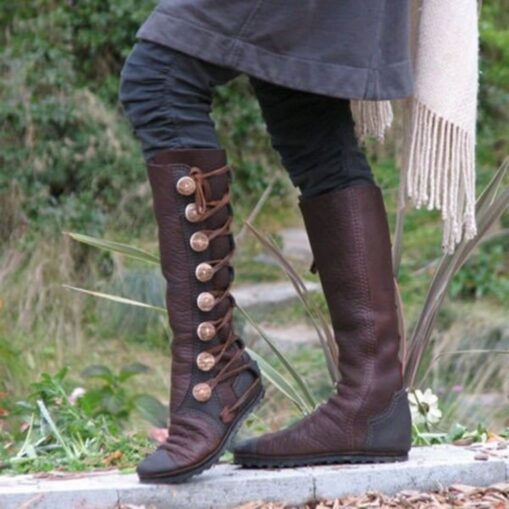 Women's Brown Medieval Lace-Up Tall Boots - Vintage Faux Leather Boots with Decorative Buttons for Cosplay, Renaissance Fairs, and Reenactments 2025