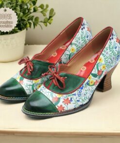 Vintage Floral Lace-Up Heels for Women - Premium Cowhide Leather Shoes for Oktoberfest and Casual Wear 2025