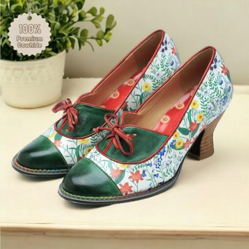 Vintage Floral Lace-Up Heels for Women - Premium Cowhide Leather Shoes for Oktoberfest and Casual Wear 2025