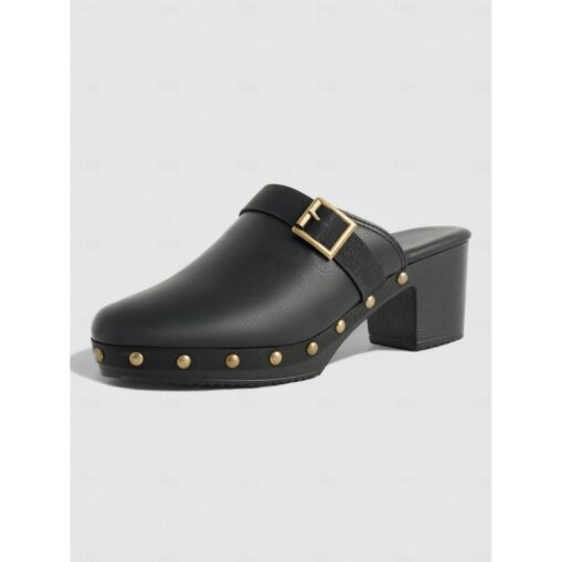 Women's Vintage Brown Leather Clogs with Studded Accents and Buckle Detail - Perfect for Casual and Retro Style Outfits 2025 - Image 2