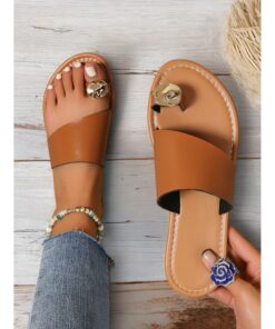Women's Brown Slip-On Toe Ring Sandals with Gold Accent, Minimalist Flat Slides for Casual Summer and Beach Wear 2025