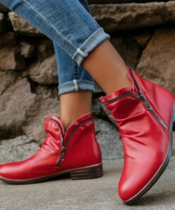 Women's Stylish Red Ankle Boots - Casual Zip-Up Faux Leather Booties for Everyday Wear 2025