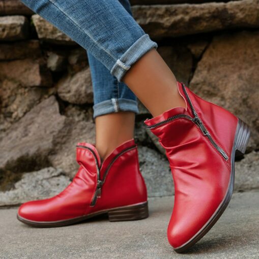 Women's Stylish Red Ankle Boots - Casual Zip-Up Faux Leather Booties for Everyday Wear 2025