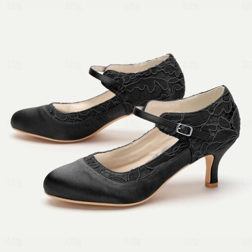 Women's Elegant Red Lace Satin Heels - Comfortable Mid-Heel Mary Jane Dress Shoes with Adjustable Strap for Weddings, Parties, and Formal Events 2025 - Image 3