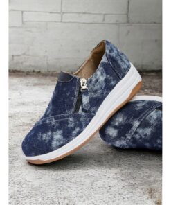 Women's Casual Blue Denim Slip-On Sneakers – Stylish Zip-Up Walking Shoes with Cushioned Sole for Everyday Comfort 2025