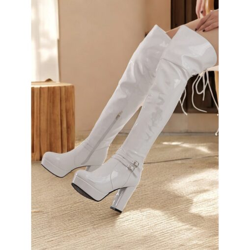 Women's Patent Faux Leather Thigh-High GoGo Platform Boots - Sleek Over-the-Knee Design with Block Heels and Buckle Detailing, Ideal for Parties and F