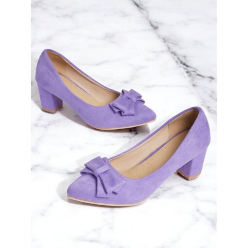 Purple Suede Bow-Tie Low Heel Pumps - Elegant and Comfortable Women's Block Heel Shoes for Everyday Wear 2025
