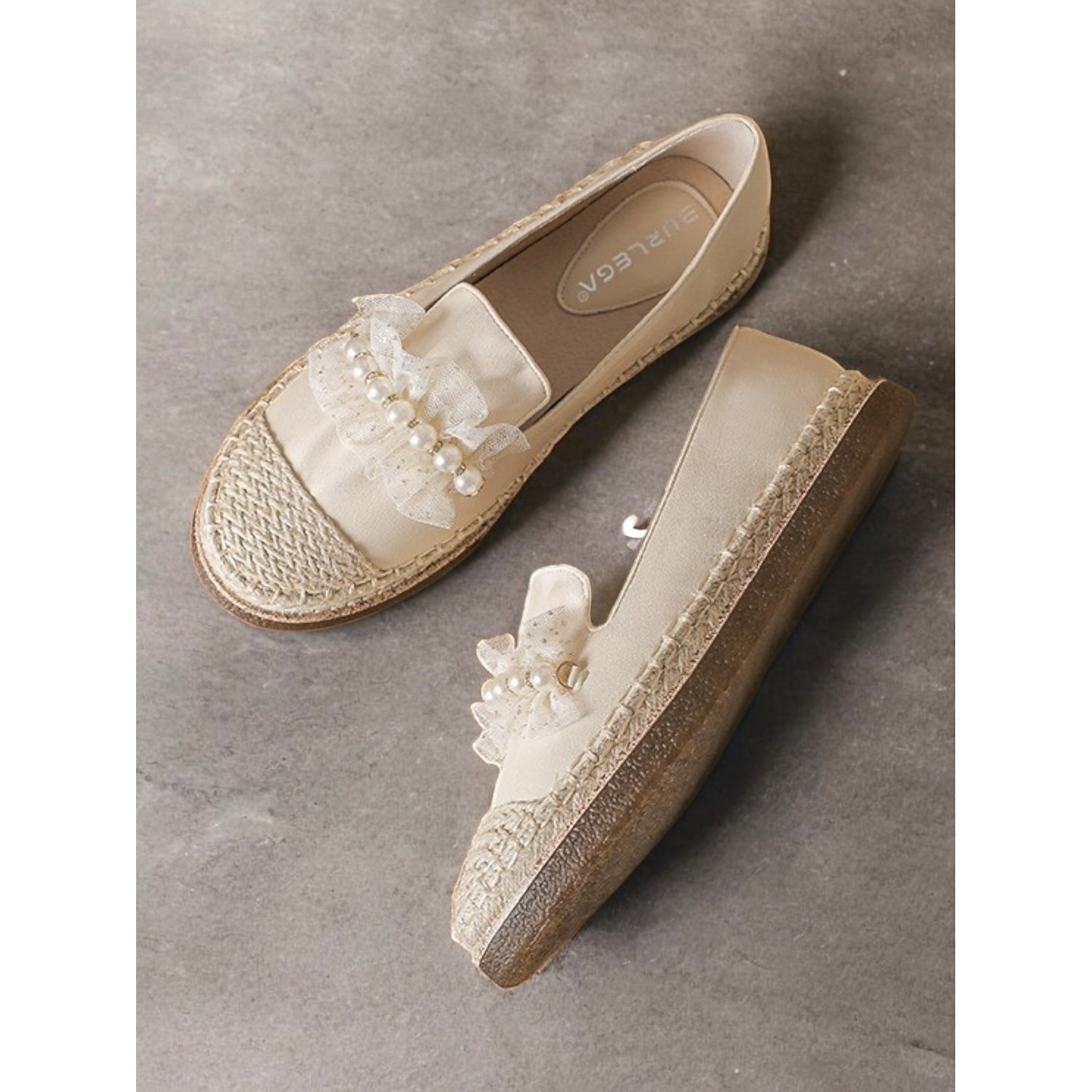 Women's Espadrille Flats with Pearl and Lace Bow Detailing, Elegant Vintage Style Slip-On Shoes for Casual and Summer Wear 2025 - Image 2