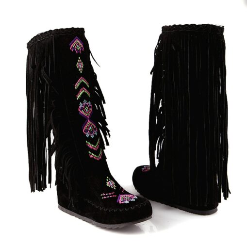Women's Fringe Embroidered Faux Suede Knee-High Boots, Bohemian Style for Festivals and Casual Wear 2025 - Image 4