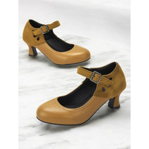 Women's Vintage Mary Jane Heels – Faux Leather & Suede Mid Heel Pumps with Buckle Strap for Retro Formal & Dance Wear 2025 - Image 3