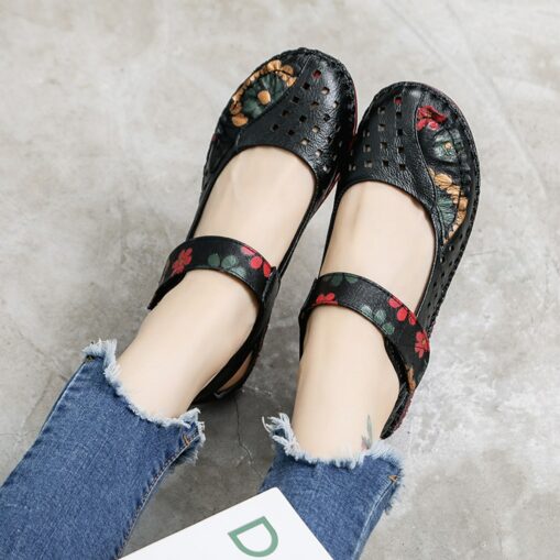 Women's Red Leather Barefoot Mary Jane Flats – Embroidered Floral Casual Comfort Shoes with Hook & Loop Straps 2025 - Image 4