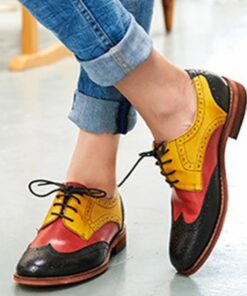 Men's Vintage Brogue Oxford Shoes – Tricolor Black, Red, and Yellow Faux Leather with Classic Wingtip Detailing, Perfect for Formal or Retro-Themed Ev