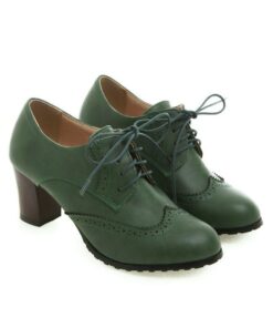 Women's Green Brogue Oxford Heels - Vintage Lace-Up Leather Shoes with Chunky Heel for Office and Casual Wear 2025