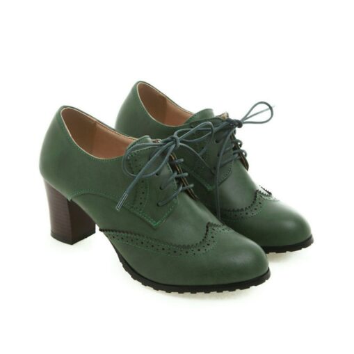 Women's Green Brogue Oxford Heels - Vintage Lace-Up Leather Shoes with Chunky Heel for Office and Casual Wear 2025