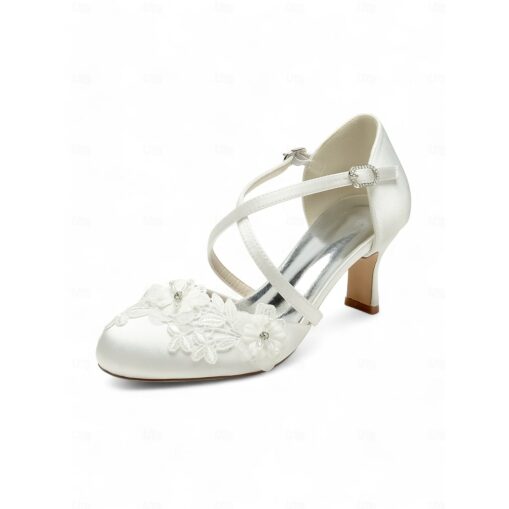 White Satin Kitten Heel Wedding Shoes for Women with Floral Embroidery and Cross-Strap Design - Perfect for Brides and Formal Occasions 2025 - Image 2