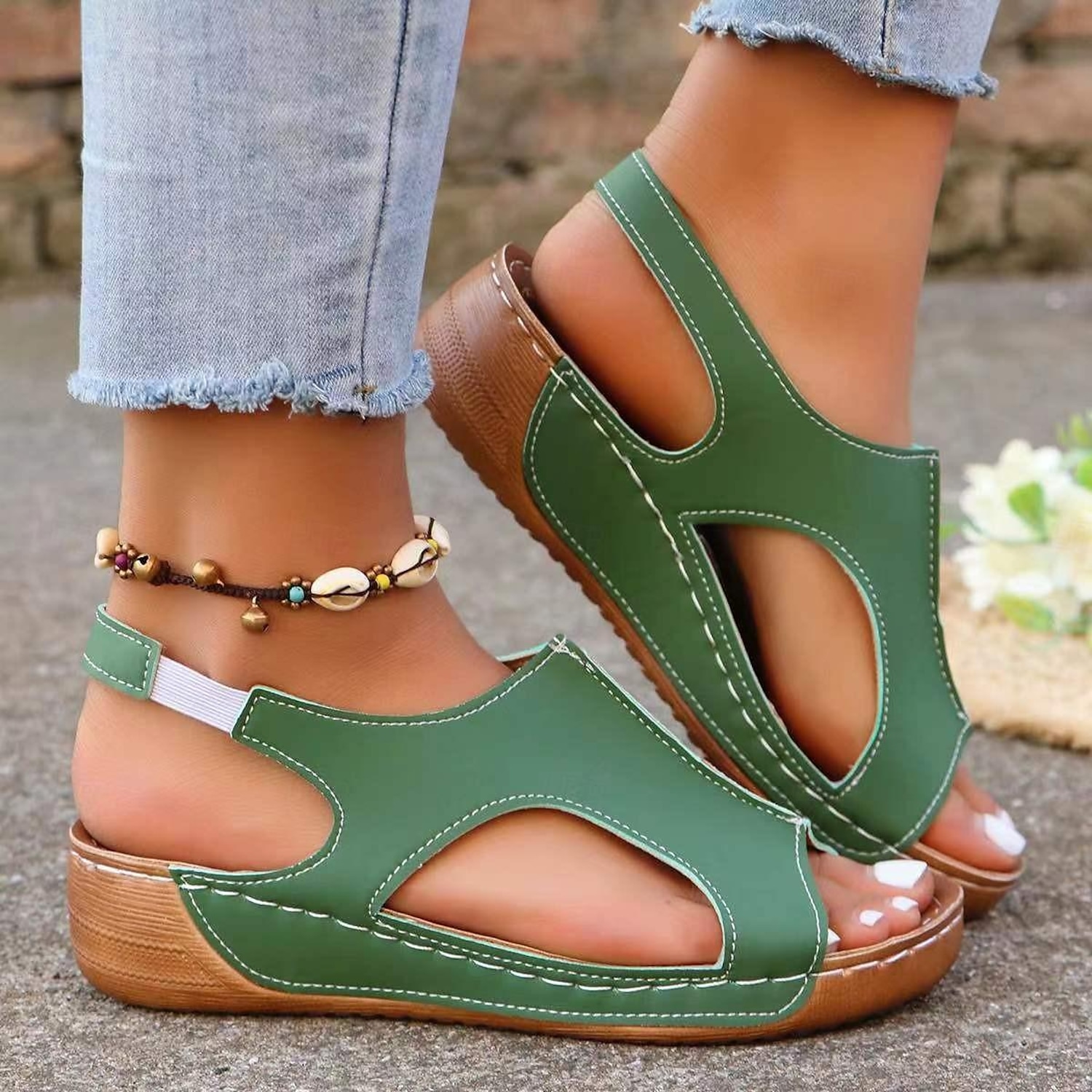 Women's Solid Color Wedge Heeled Sandals Casual Cutout Design Platform Shoes Comfortable Ankle Strap Sandals Green Brown Pink White Black Sandals 2025 - Image 2
