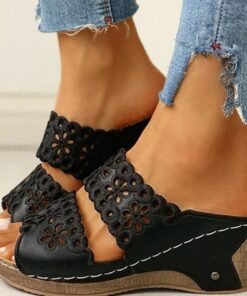 Women's Black Wedge Sandals with Floral Cutout Design – Comfortable Summer Slip-On Shoes with Stitch Detailing 2025