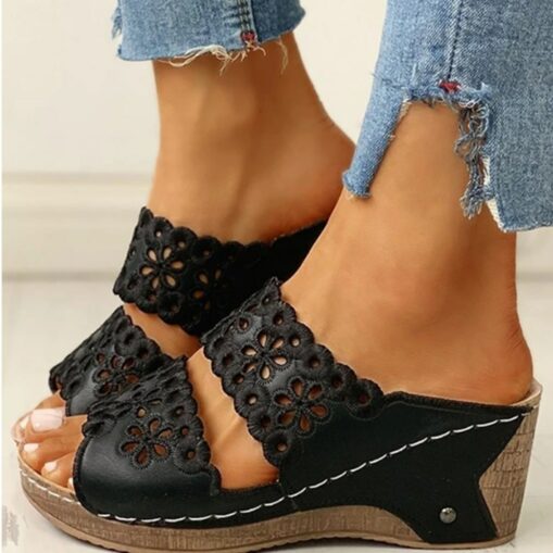 Women's Black Wedge Sandals with Floral Cutout Design – Comfortable Summer Slip-On Shoes with Stitch Detailing 2025