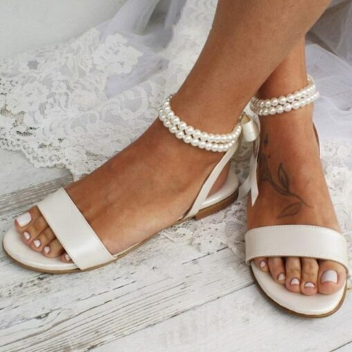 Women's White Flat Sandals – Pearl Ankle Strap with Ribbon Tie, Elegant Bridal Shoes for Weddings and Special Occasions 2025