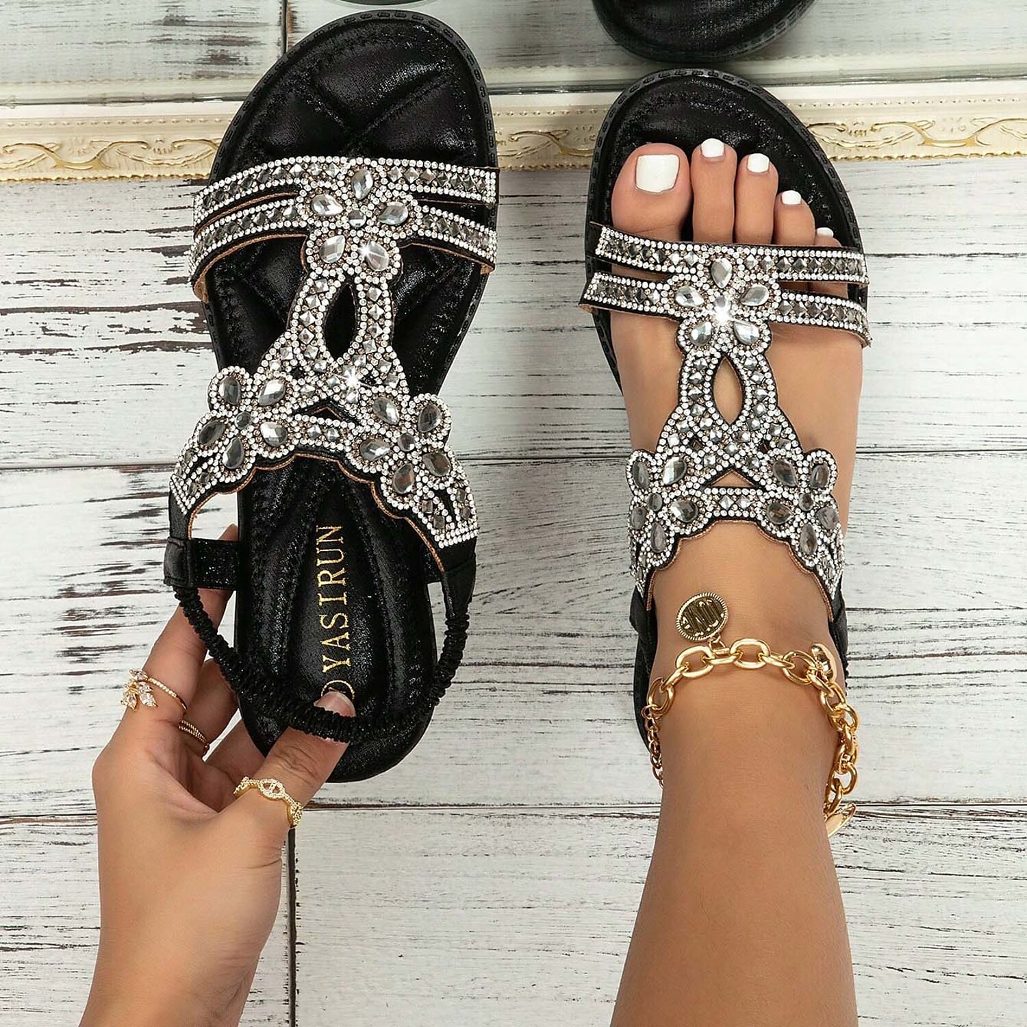 Women's Rhinestone Embellished Silver Sandals – Elegant Summer Flats for Beach, Weddings, and Casual Wear 2025 - Image 3