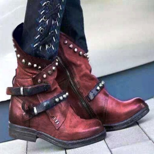 Women's Purple Studded Ankle Boots with Side Zipper and Buckle Straps, Punk Rock Style Footwear for Bold Fashion Statements 2025 - Image 3