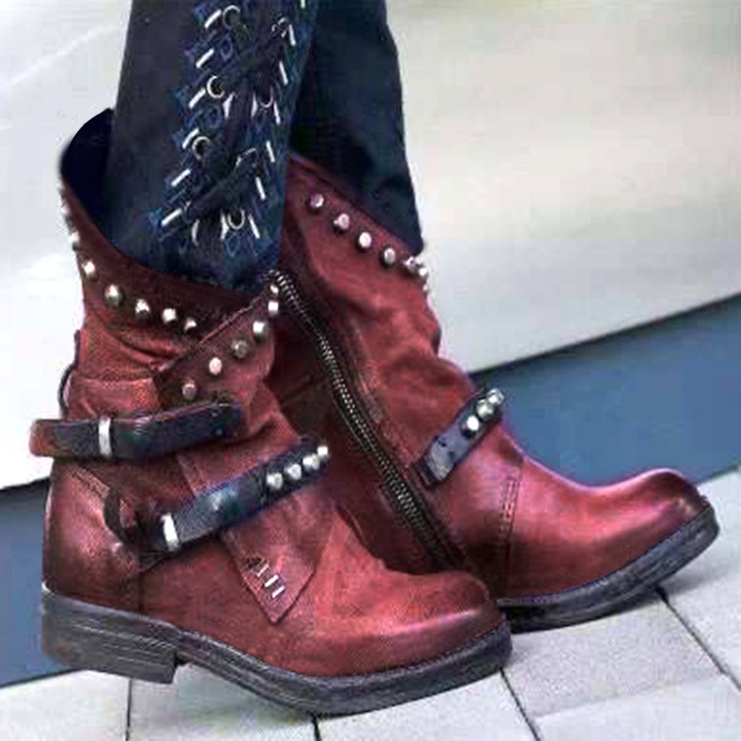 Women's Purple Studded Ankle Boots with Side Zipper and Buckle Straps, Punk Rock Style Footwear for Bold Fashion Statements 2025 - Image 3
