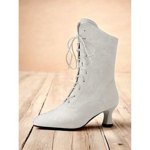Women's Vintage Floral Lace-Up Ankle Boots with Mid Heel – Elegant Jacquard Boots for Retro Style and Special Occasions 2025 - Image 2