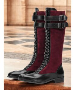 Women's Burgundy Faux Suede and Black Faux Leather Knee-High Lace-Up Boots – Vintage-Inspired Design with Double Buckle Straps, Perfect for Casual and