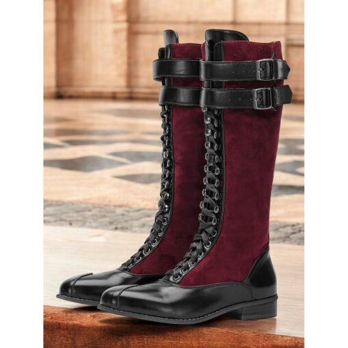 Women's Burgundy Faux Suede and Black Faux Leather Knee-High Lace-Up Boots – Vintage-Inspired Design with Double Buckle Straps, Perfect for Casual and