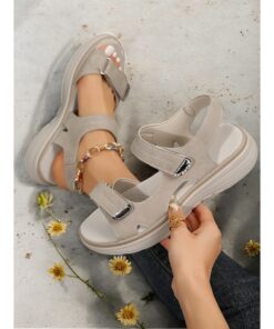 Women's Comfortable Gray Faux Leather Magic Tape Sporty Sandals with Cushioned Sole for Casual Outings 2025
