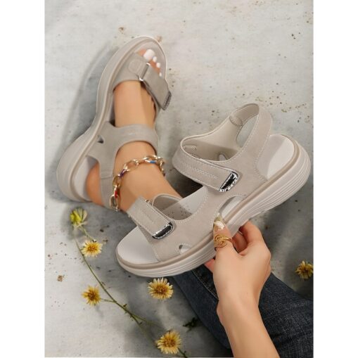 Women's Comfortable Gray Faux Leather Magic Tape Sporty Sandals with Cushioned Sole for Casual Outings 2025