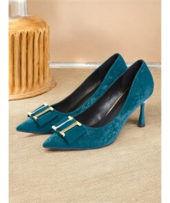 Women's Teal Velvet Pointed Toe Kitten Heel Pumps - Elegant Evening and Office Shoes with Gold Buckle Detail 2025