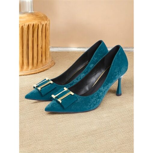 Women's Teal Velvet Pointed Toe Kitten Heel Pumps - Elegant Evening and Office Shoes with Gold Buckle Detail 2025