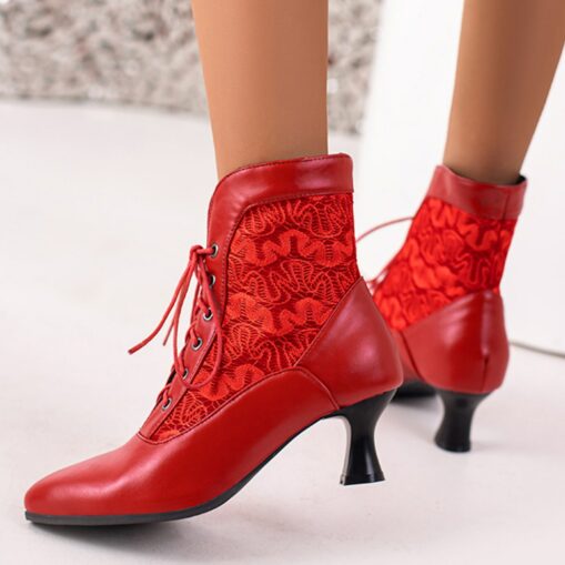 Women's White Lace-Up Ankle Boots with Embroidered Panels and Mid Heel - Elegant Victorian Style for Formal Occasions 2025 - Image 2