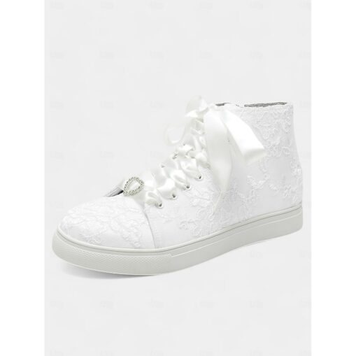 Women's Ivory Lace Wedding Sneakers with Satin Ribbon Laces and Rhinestone Heart Charm – Comfortable Bridal Shoes for Weddings 2025 - Image 2