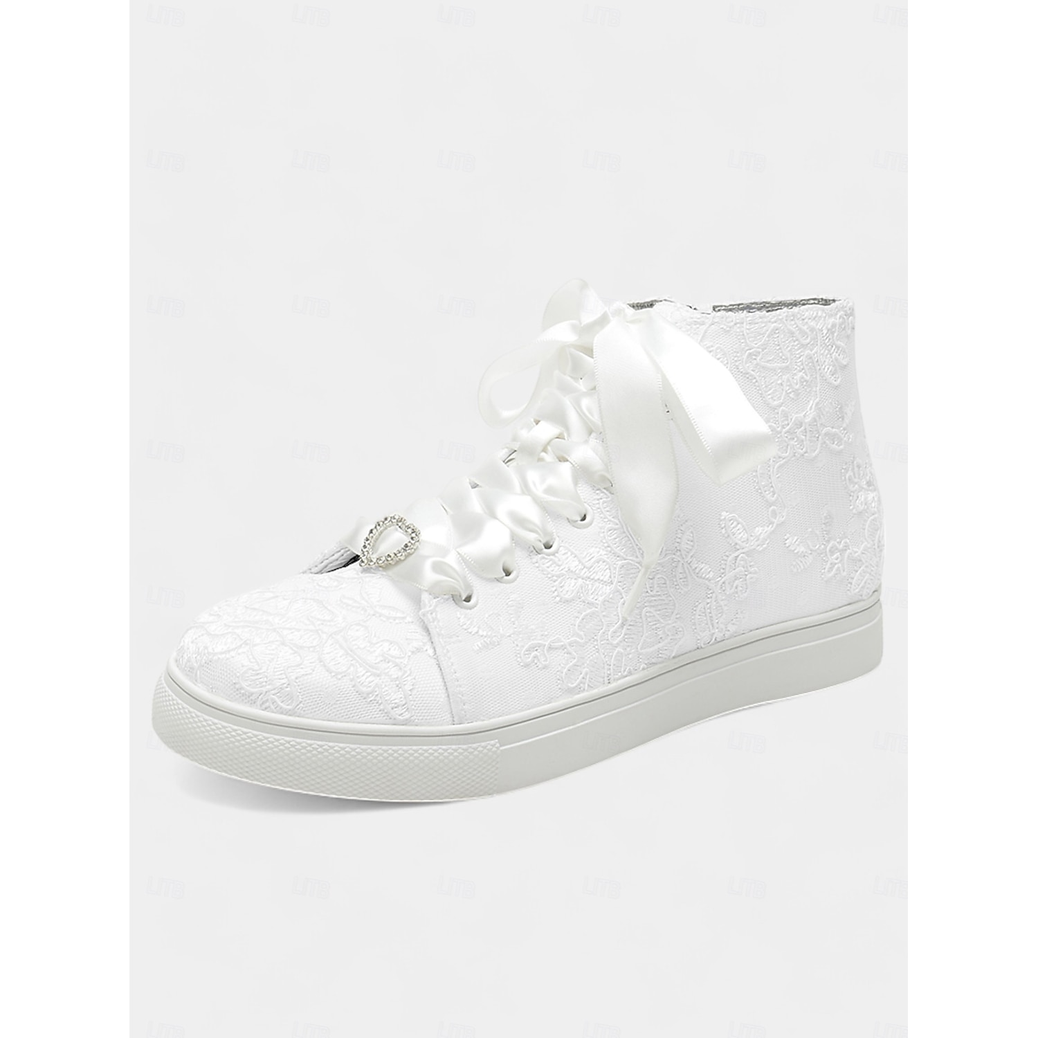 Women's Ivory Lace Wedding Sneakers with Satin Ribbon Laces and Rhinestone Heart Charm – Comfortable Bridal Shoes for Weddings 2025 - Image 2