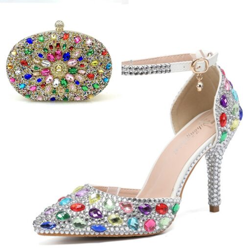 Women's Pink Rhinestone High Heel Bridal Shoes with Matching Clutch Bag – Glamorous Wedding and Party Shoes Set 2025 - Image 6
