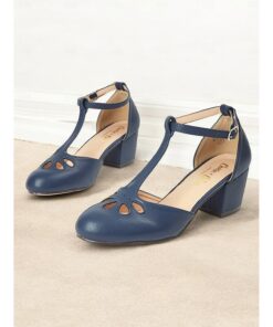 Women's Retro T-Strap Mary Jane Block Heel Pumps with Cutout Design – Elegant Navy Blue Mid Heel Sandals for Parties and Formal Occasions 2025