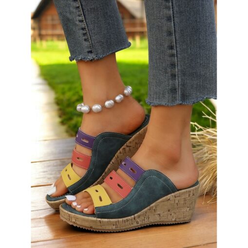 Multi-Colored Wedge Sandals for Women – Stylish Open-Toe Slide Sandals with Comfortable Platform for Casual Summer Outfits 2025