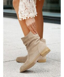 Women's Beige Suede Slouchy Ankle Boots – Casual and Comfortable Low Heel Western Style Booties 2025